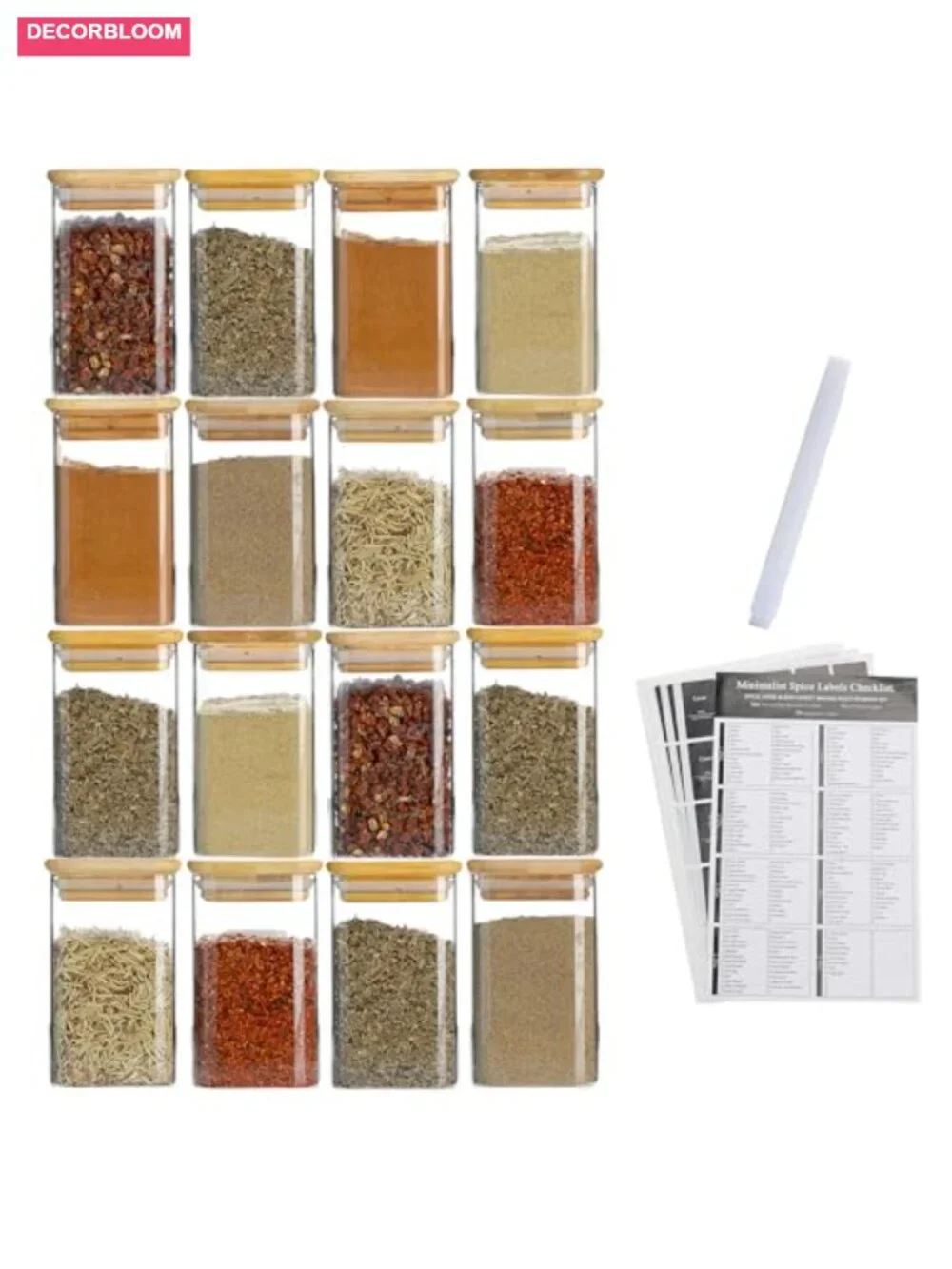 16 Pc 9oz Glass Spice Jars with Bamboo Lids & 275 Labels, Airtight Seasoning